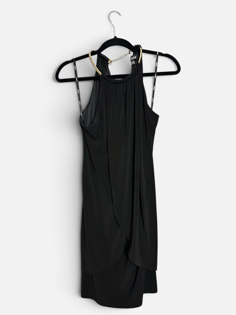 Kensie Black Draped Halter Dress with Gold Accent | Size 10